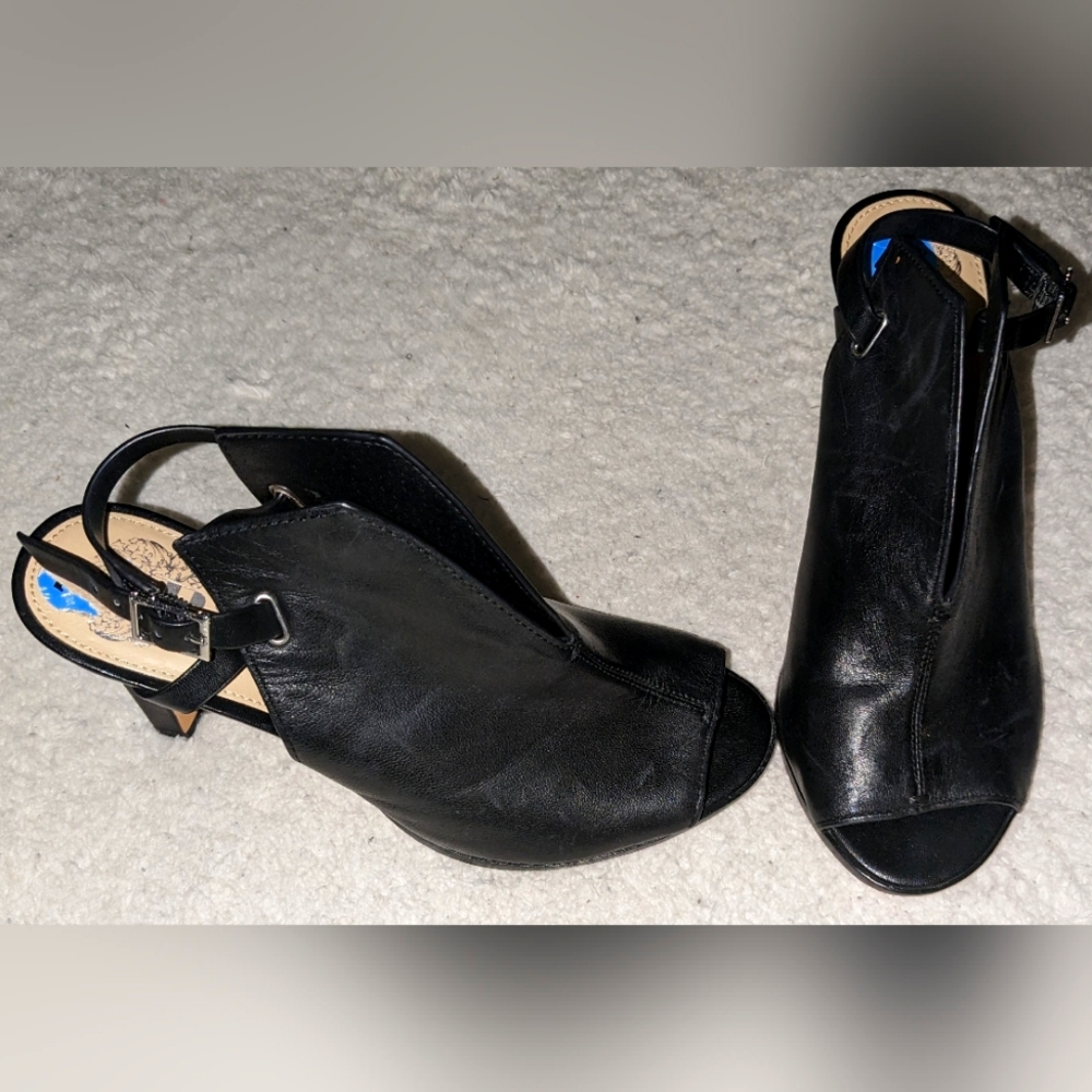 Vince Camuto Neveah Black Leather Peep-Toe Heels